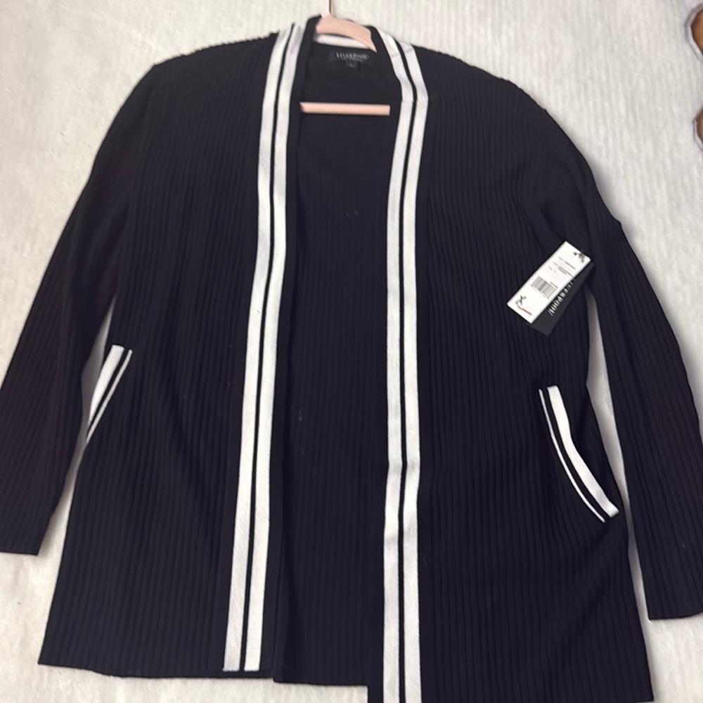 Liverpool black ribbed knit open front cardigan white accents Size Small